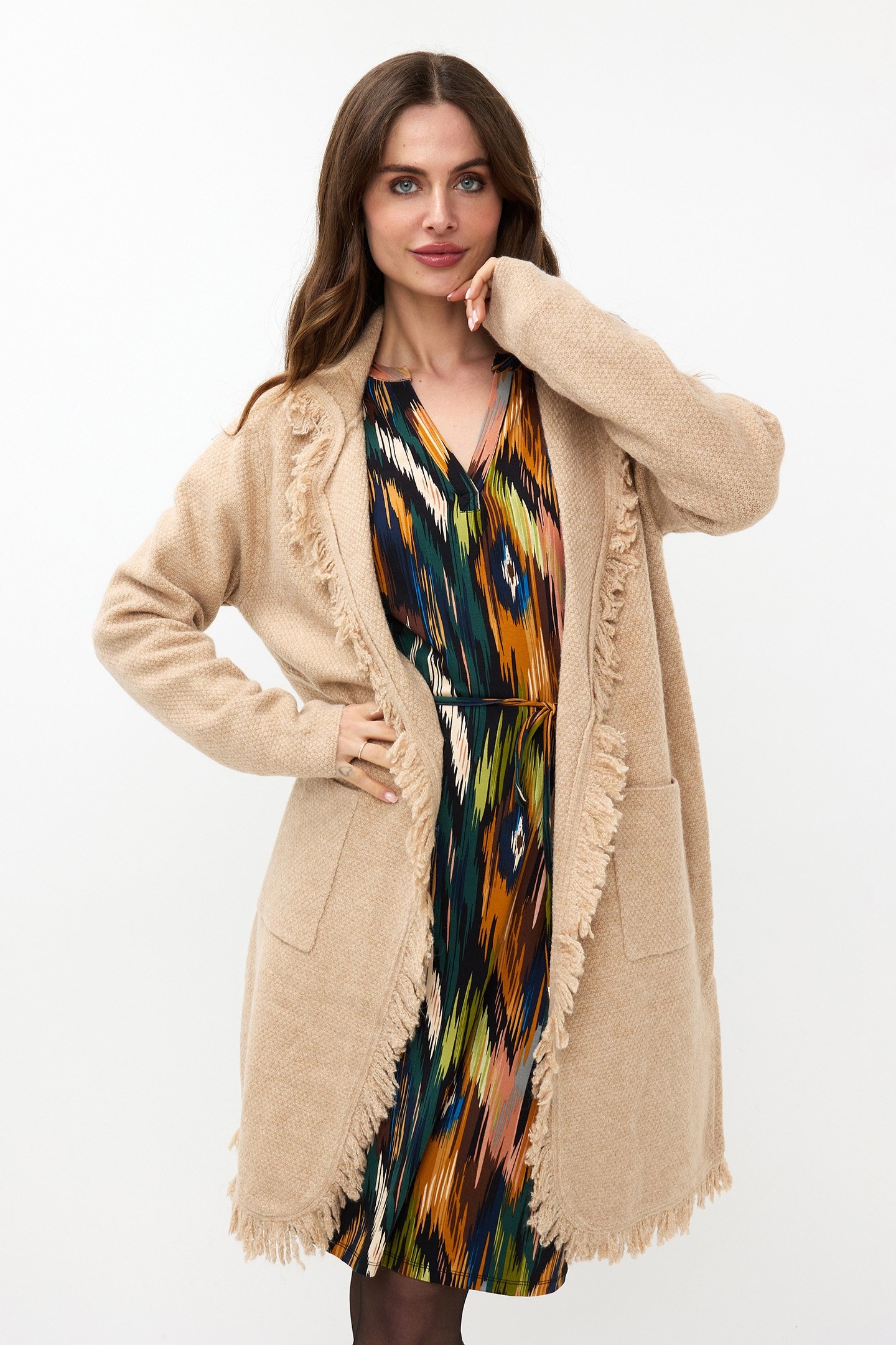 CARDIGAN LONG FRINGES SAND 1