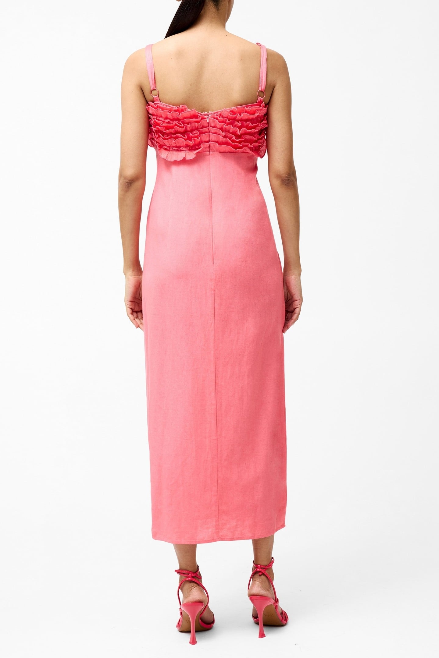 ARIETTE RUFFLED BUST MIDI DRES RASPBERRY PINK 4