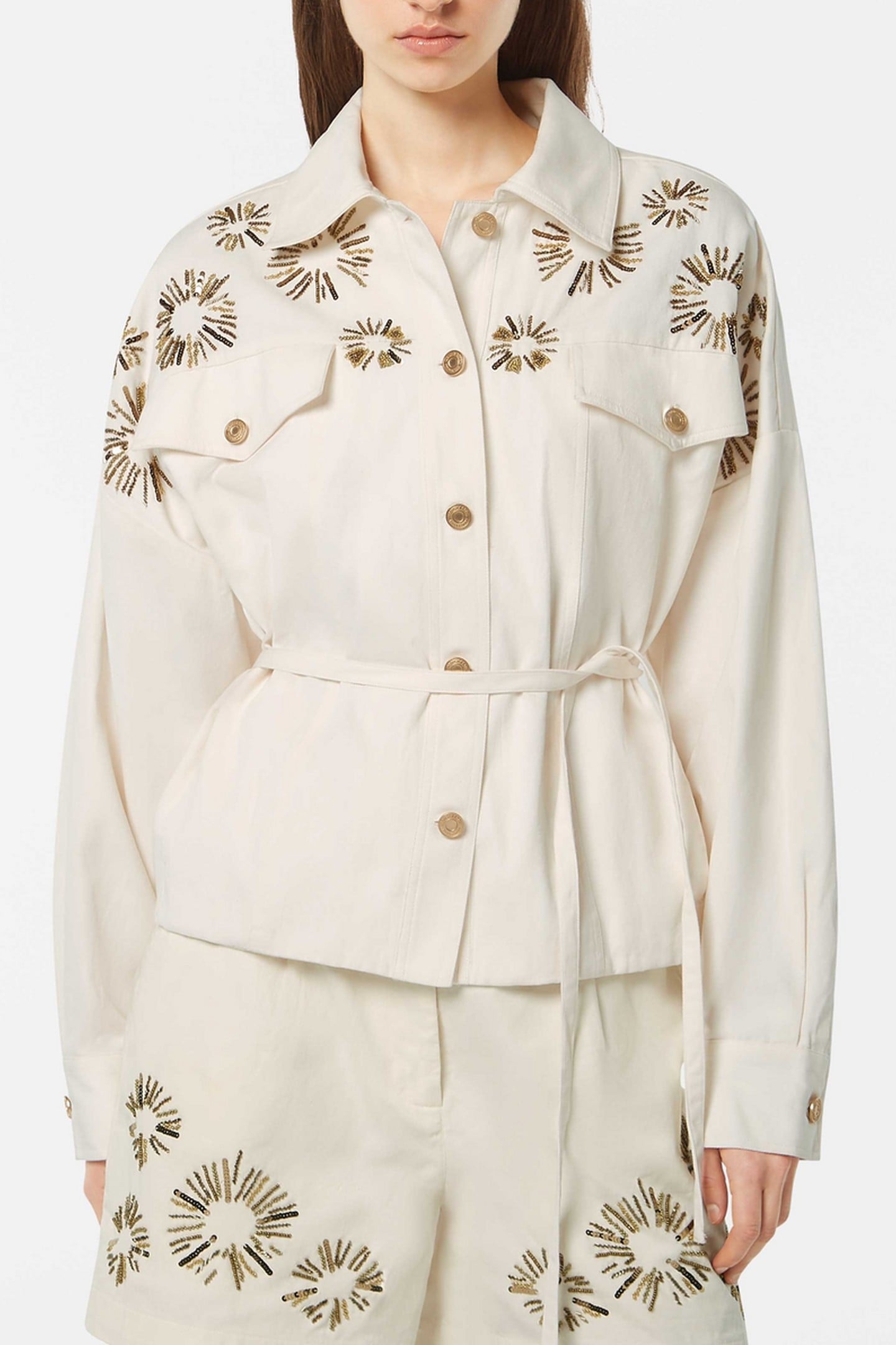 EMBELLISHED BELTED COTTON TRUCKER JACKET SOFT ICE 2