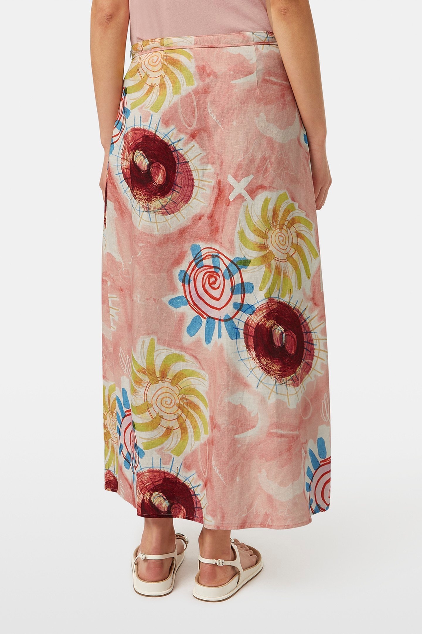 LINEN BLEND PRINTED WRAP SKIRT ABSTRACT SUN PINK 4
