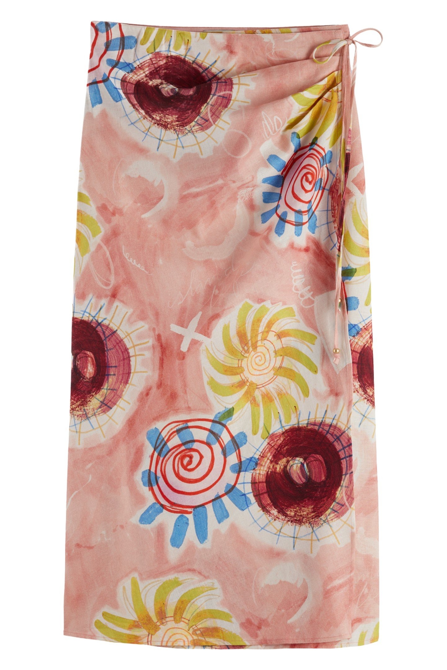 LINEN BLEND PRINTED WRAP SKIRT ABSTRACT SUN PINK 5