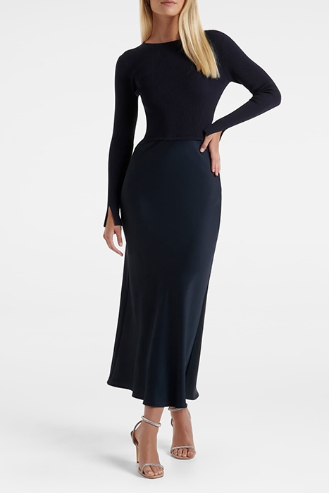 ALICIA LONG SLEEVE SATIN MIX KNIT DRESS NAVY 1