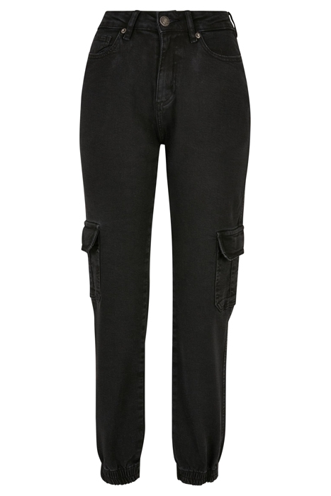LADIES ORGANIC STRETCH DENIM CARGO PANTS BLACK WASHED 1