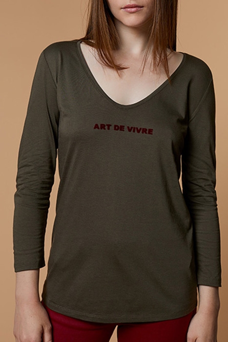 MYTHE - KHAKI T-SHIRT WITH FLOCKED MESSAGE 1