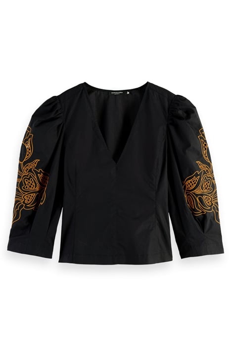 V-NECK FITTED TOP WITH BRODERIE VOLUME SLEEVE BLACK 1