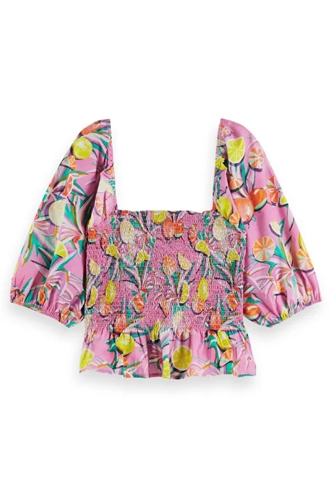 COTTON IN CONVERSION SMOCKED PUFF SLEEVE TOP CITRUS SQUASH O 1