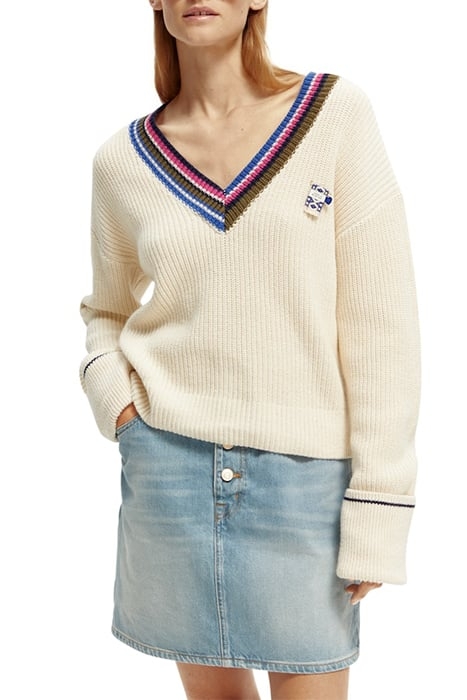 COLOURED TRIM V-NECK PULLOVER WHITE SAND MELANGE 2