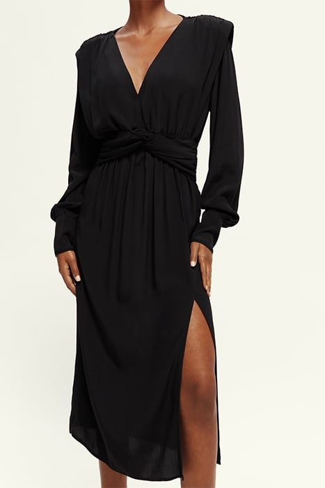 LONG-SLEEVE DRAPED DRESS WITH SLIT DETAIL BLACK 2