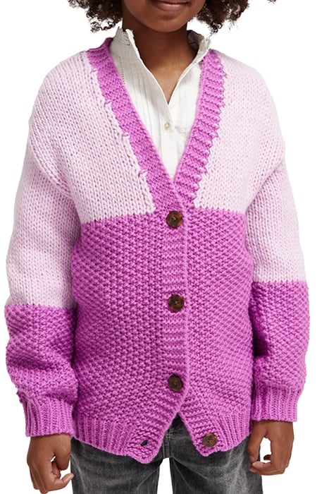 KNITTED COLOURBLOCK CARDIGAN DISCO PINK 1