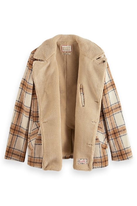 WOOL BLEND TEDDY LINED PEACOAT OFFWHITE CAMEL CHECK 5
