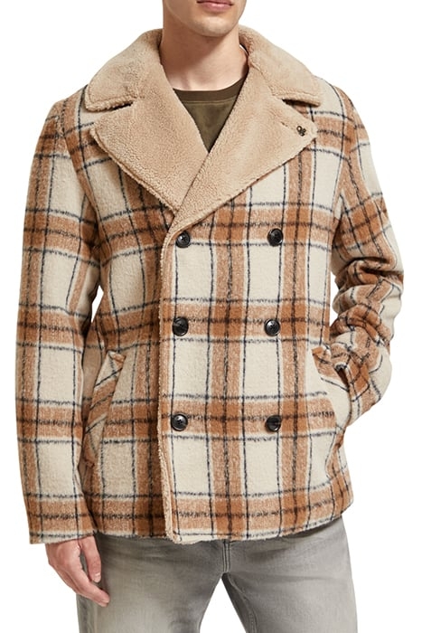 WOOL BLEND TEDDY LINED PEACOAT OFFWHITE CAMEL CHECK 1