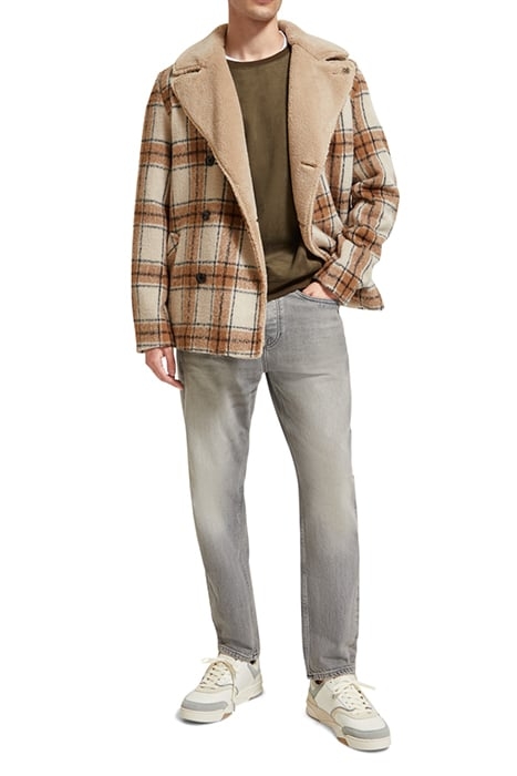 WOOL BLEND TEDDY LINED PEACOAT OFFWHITE CAMEL CHECK 3