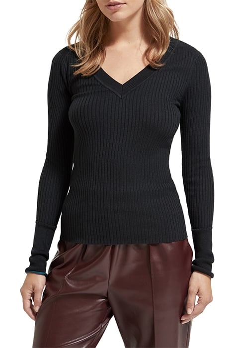 SKINNY RIB V NECK PULLOVER BLACK 1