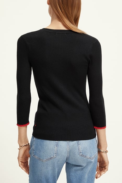 BUTTON DETAIL SKINNY RIB PULLOVER BLACK 2