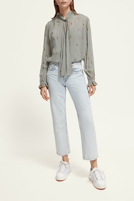 EMBROIDERED TOP WITH TIE NECK GREY SHEER JACQUARD 3