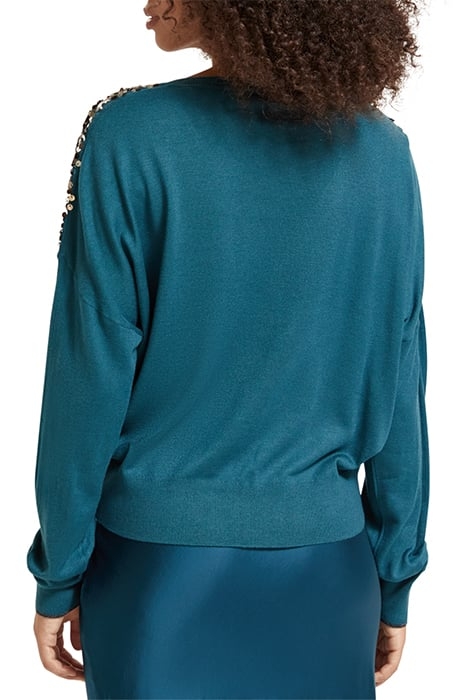 EMBELLISHED SHOULDER V NECK PULLOVER DARK TEAL 2