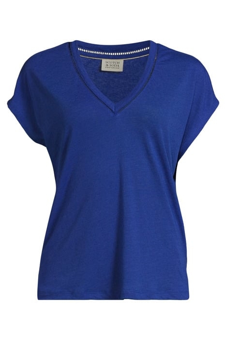 V-NECK LADDER DETAIL LOOSE FIT T-SHIRT ELECTRIC BLUE 3