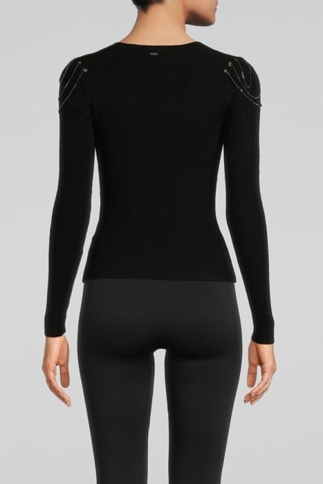 BLACK RIBBED KNIT SWEATER WITH CHAINS ON SHOULDERS 2