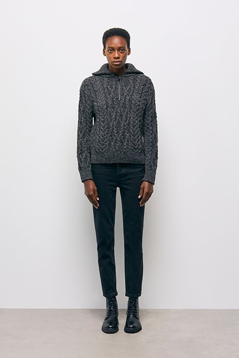 ZIP-UP TRUCK COLLAR SWEATER IN CABLE WOOL BLACK DARK GREY 2