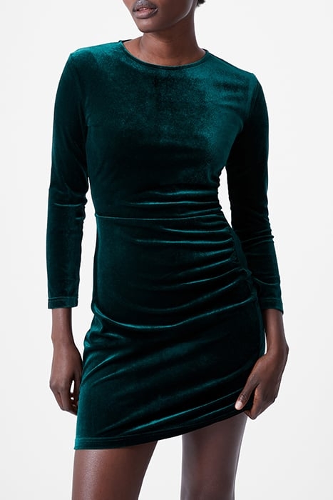 VELVET RUCHED LS DRESS S DK GREEN 1