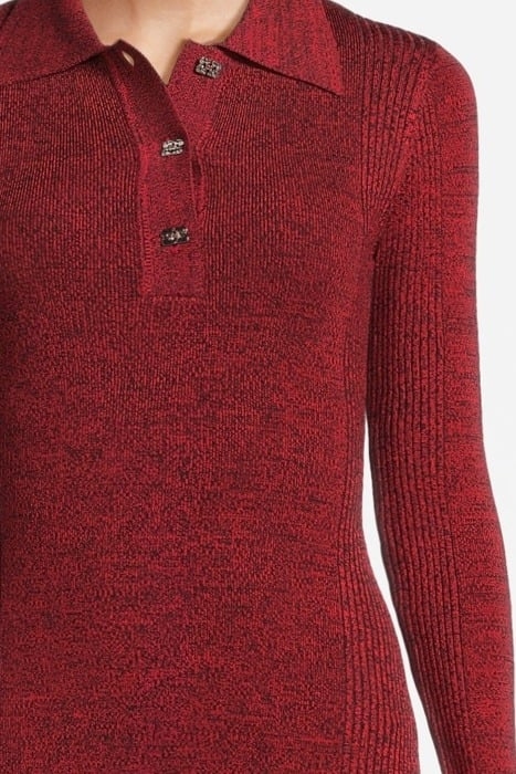 MELANGE RIB LONG SLEEVE POLO DRESS HIGH RISK RED 4