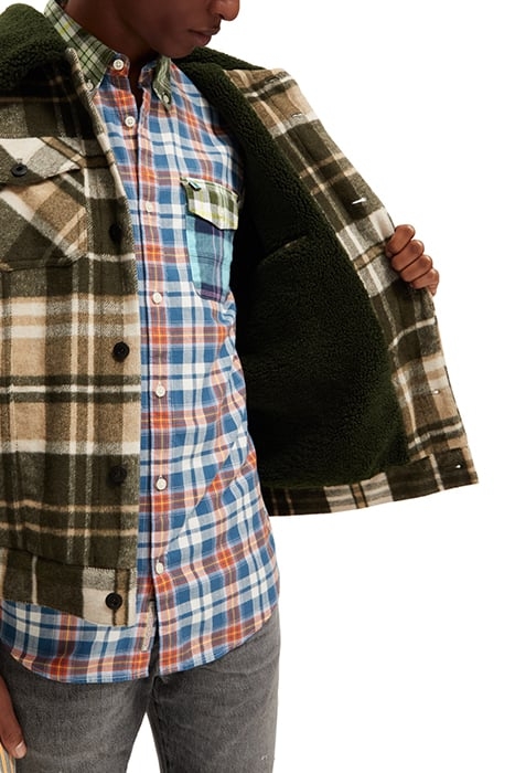 TEDDY-TRIMMED CHECKED TRUCKER JACKET FIELD GREEN CHECK 8