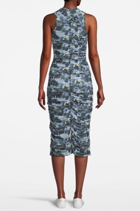 PRINTED MESH RUCHED SLEVELESS MIDI DRESS BRUNNERA BLUE 2
