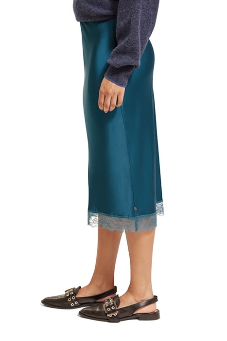 SATIN HIGH RISE MIDI SKIRT WITH LACE DETAIL DARK TEAL 6