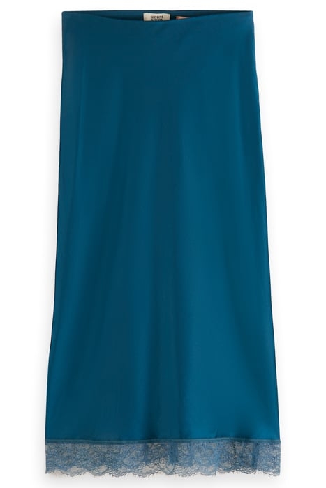 SATIN HIGH RISE MIDI SKIRT WITH LACE DETAIL DARK TEAL 4