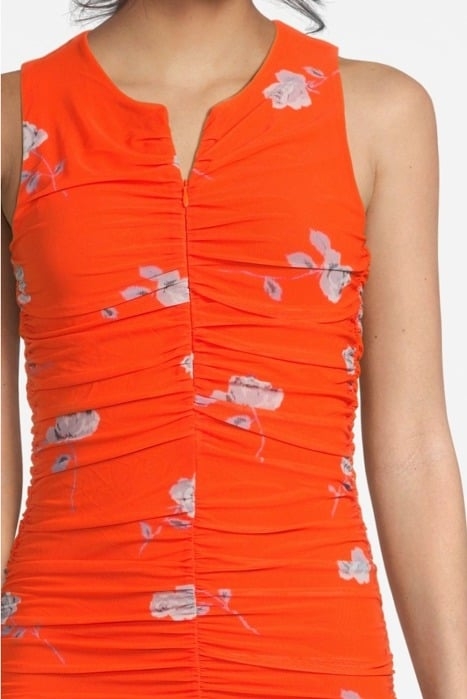 PRINTED MESH RUCHED SLEVELESS MIDI DRESS ORANGEADE 4