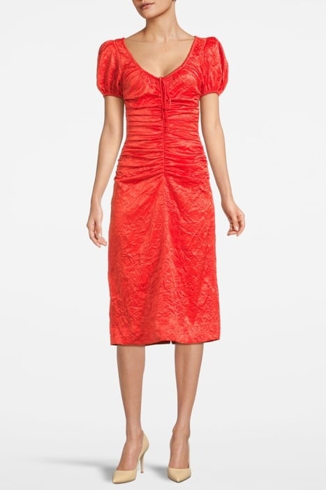 CRINKLED SATIN GATHERED U-NECK MIDI DRESS GRENADINE 1