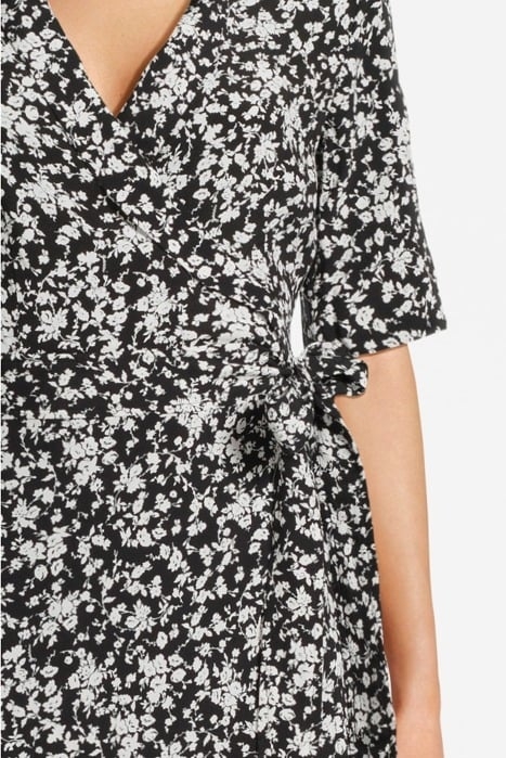 PRINTED CREPE WRAP DRESS BLACK 4