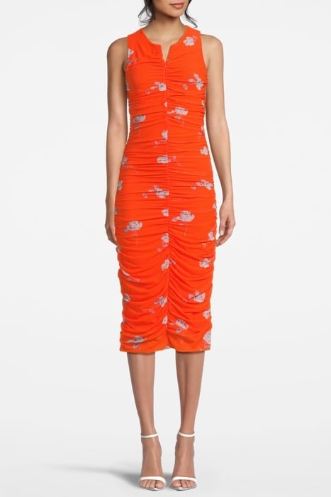 PRINTED MESH RUCHED SLEVELESS MIDI DRESS ORANGEADE 1