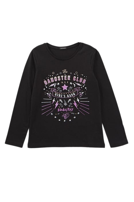 GIRLS’ BLACK ORGANIC COTTON T-SHIRT WITH ROCK IMAGES BLACK 1