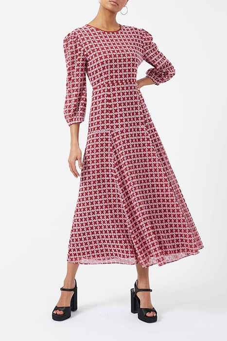 GEOMETRIC EMBR LS MAXI DRESS RED 1