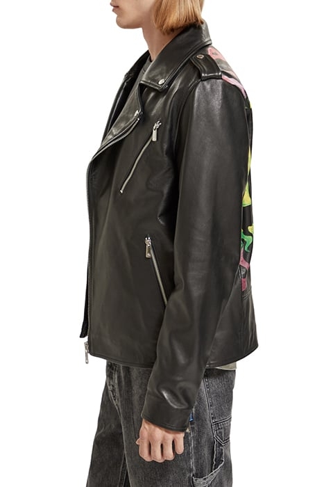 PLACEMENT PRINT LEATHER BIKER JACKET BLACK 7