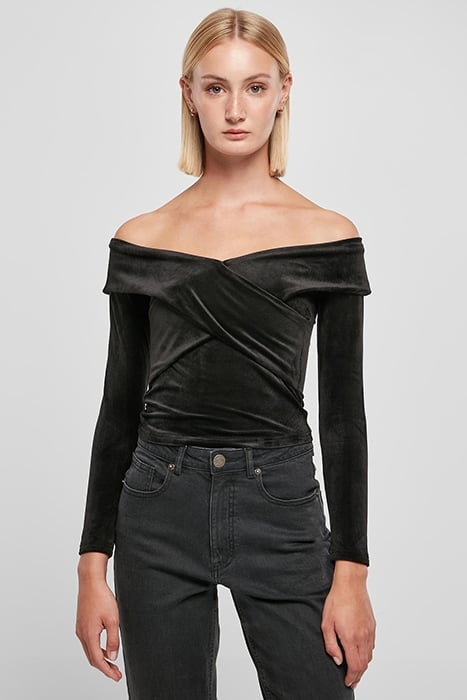 LADIES VELVET RIB CROSSED OFF SHOULDER LONGSLEEVE BLACK 1
