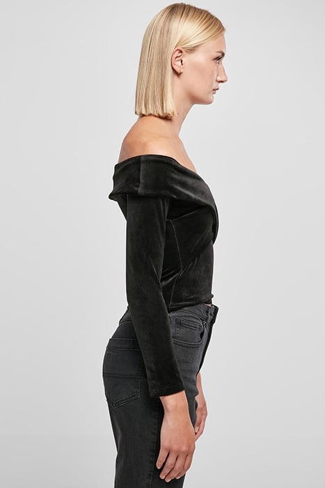 LADIES VELVET RIB CROSSED OFF SHOULDER LONGSLEEVE BLACK 7