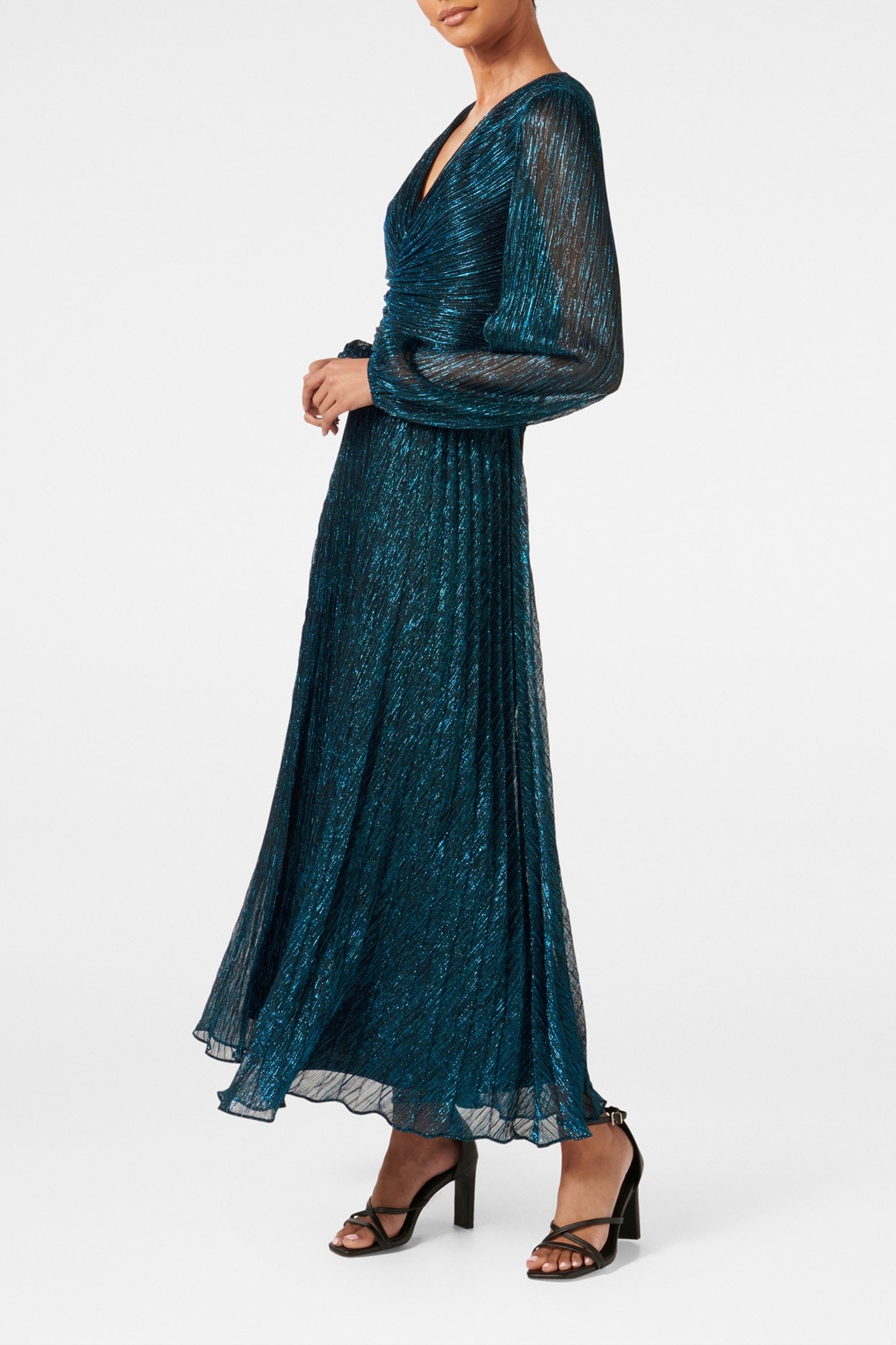 BROOKLYN PETITE PLEATED PLISSE MIDI DRESS TEAL 4