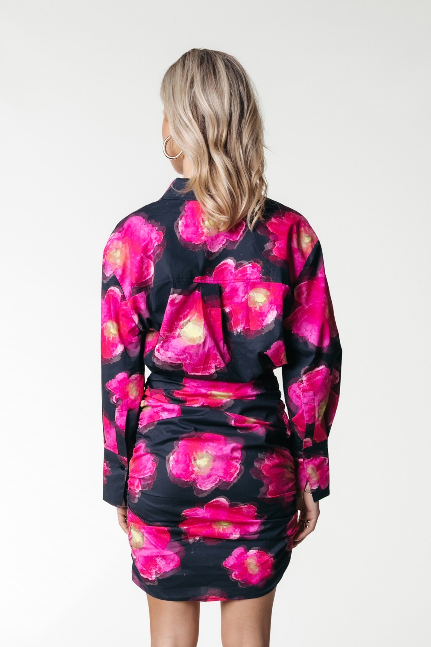 ROSE POPPY FLOWER GATHERED SHIRT DRESS BRIGHT PINK 2