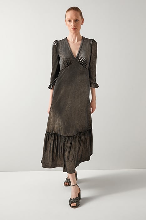 DEBORAH PEPLUM MIDI DRESS GOLD 1