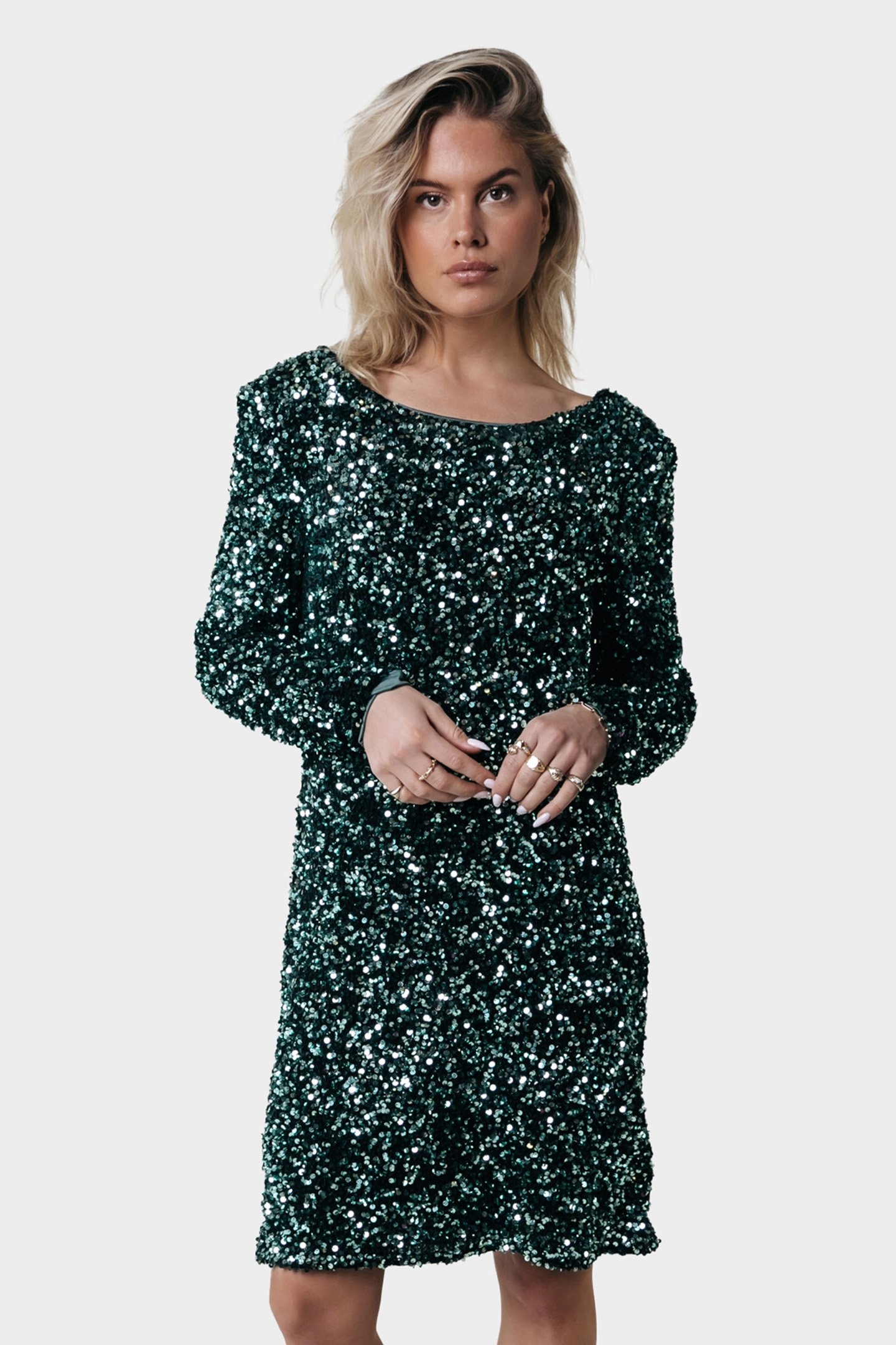 TINA SEQUINS STRAIGHT DRESS LS SCARAB GREEN 1
