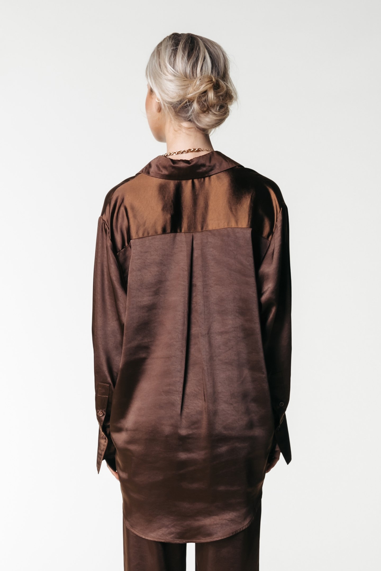 OLETTA SATIN BUTTON DOWN BLOUSE DARK BROWN 2
