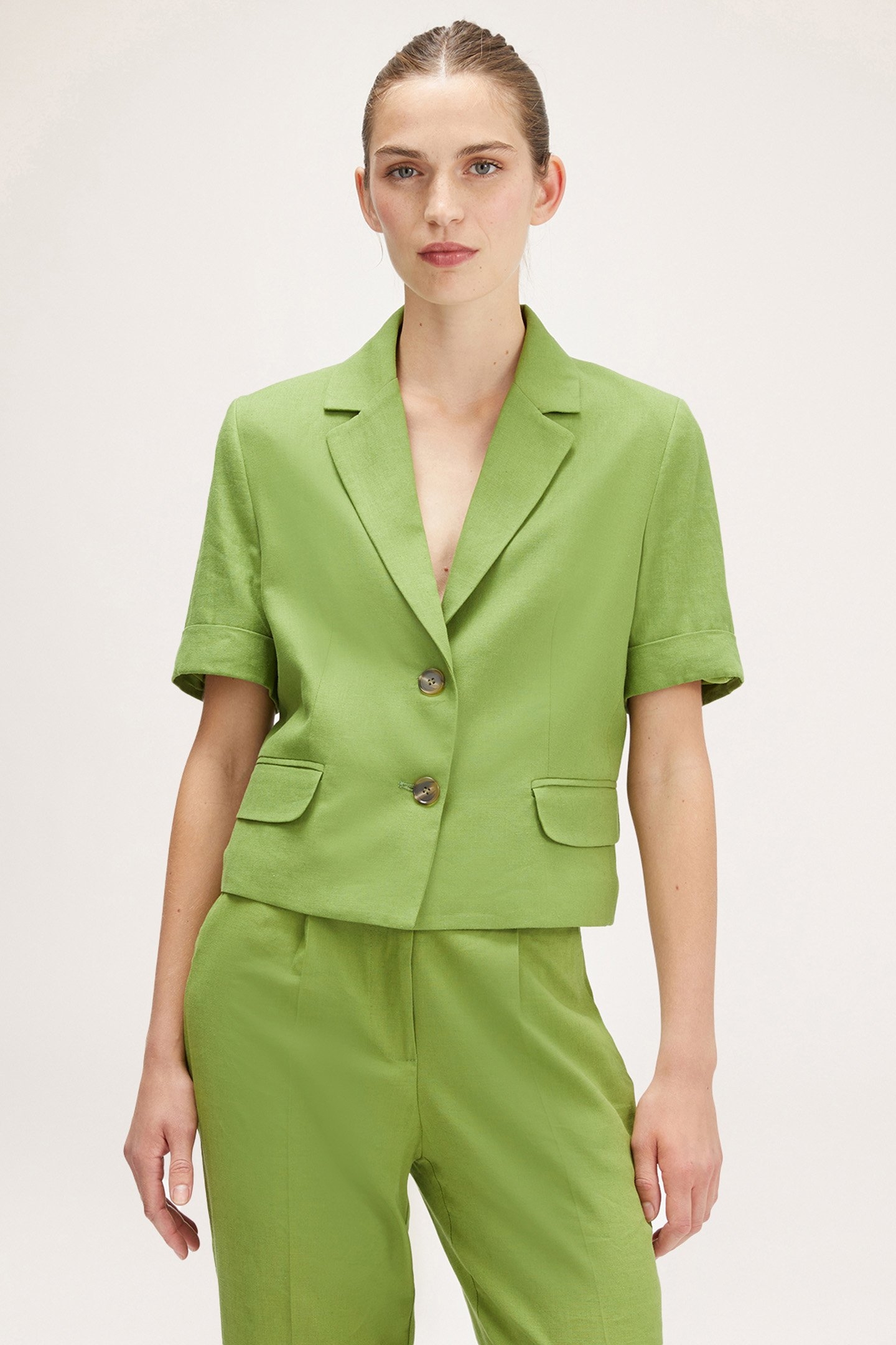 LINEN BLEND SHORT-SLEEVED JACKET GREEN 1