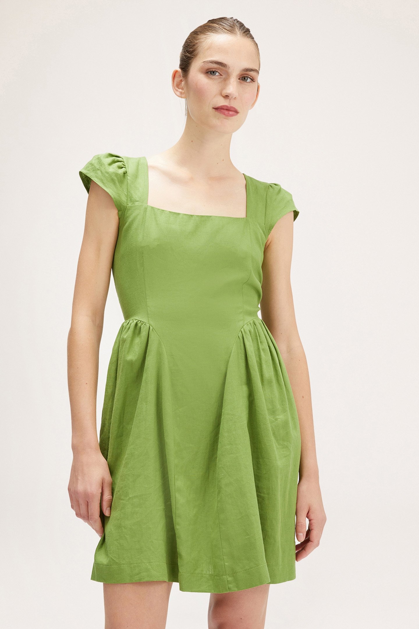 LINEN BLEND MINI DRESS GREEN 1