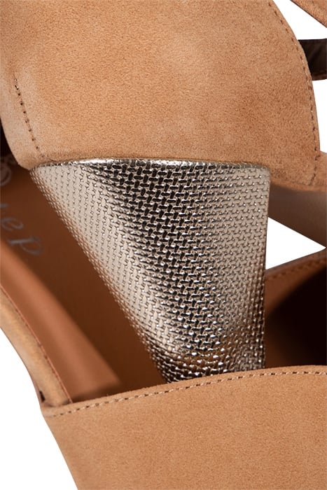 O.NOLA - CARAMEL LEATHER VELVET HEEL SANDALS 4