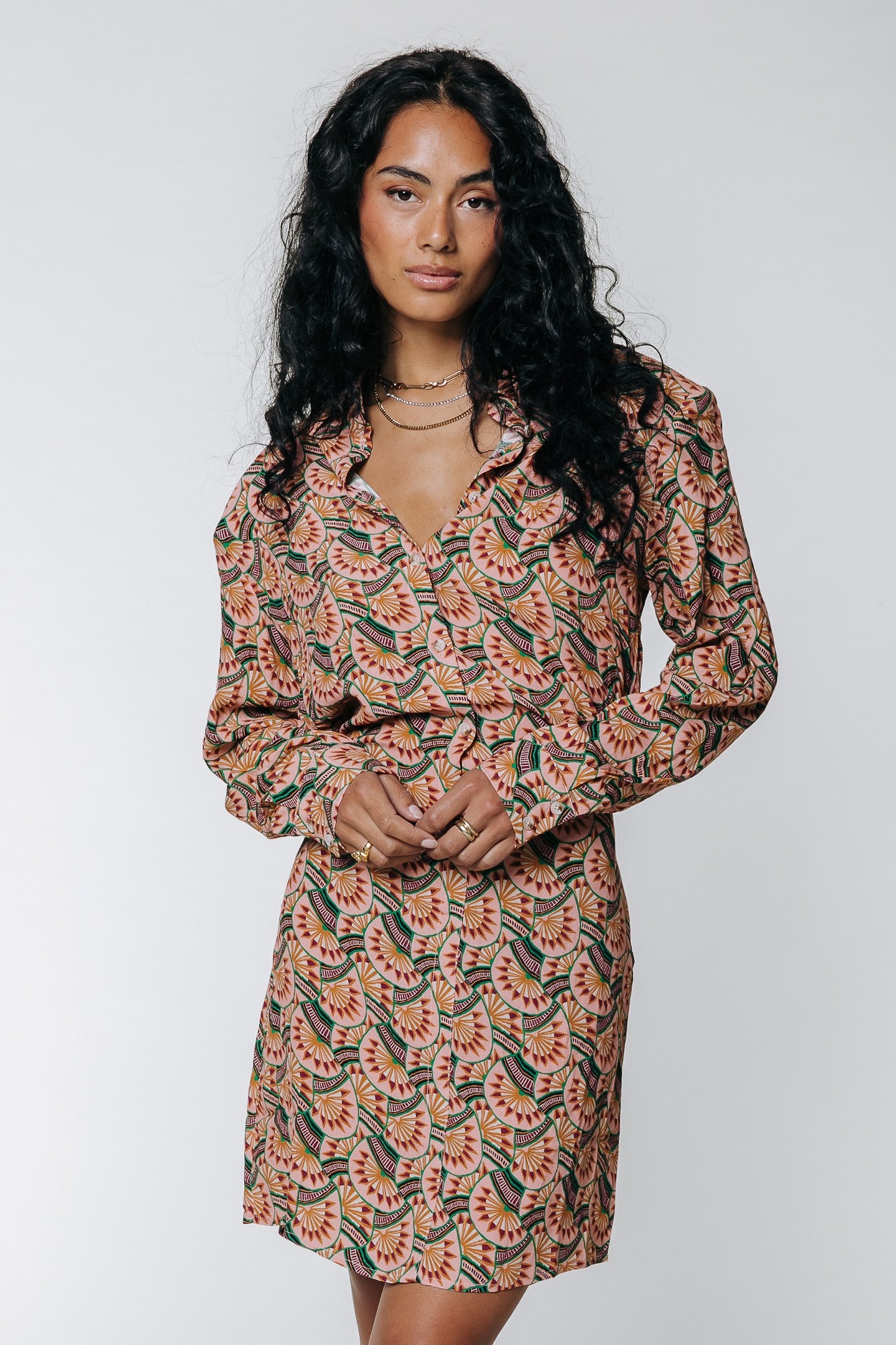 NINA GRAPHIC FAN MINI SHIRT DRESS VINTAGE PINK 1