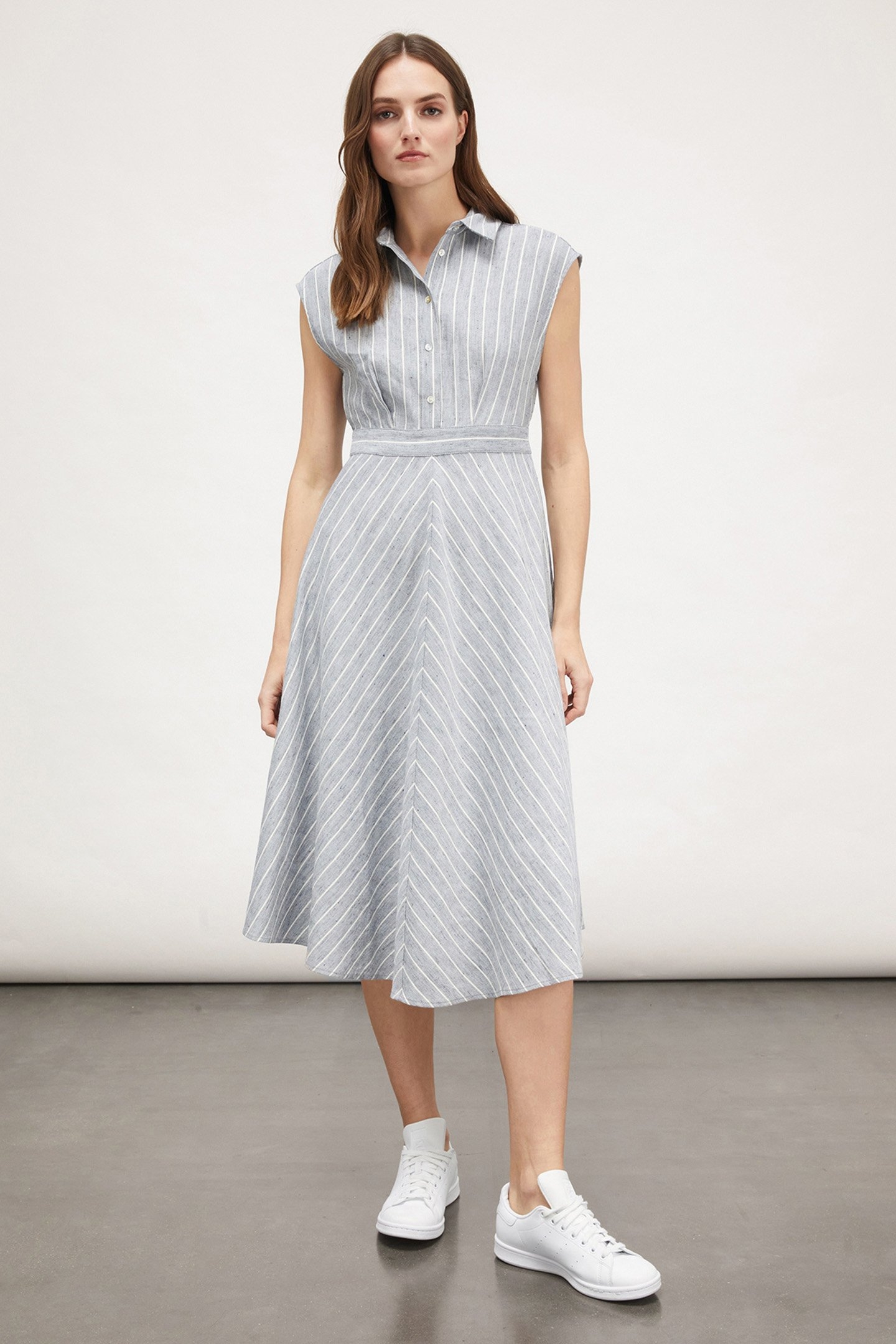 LINEN BLEND PINSTRIPE CHEMISIER DRESS GREY 1