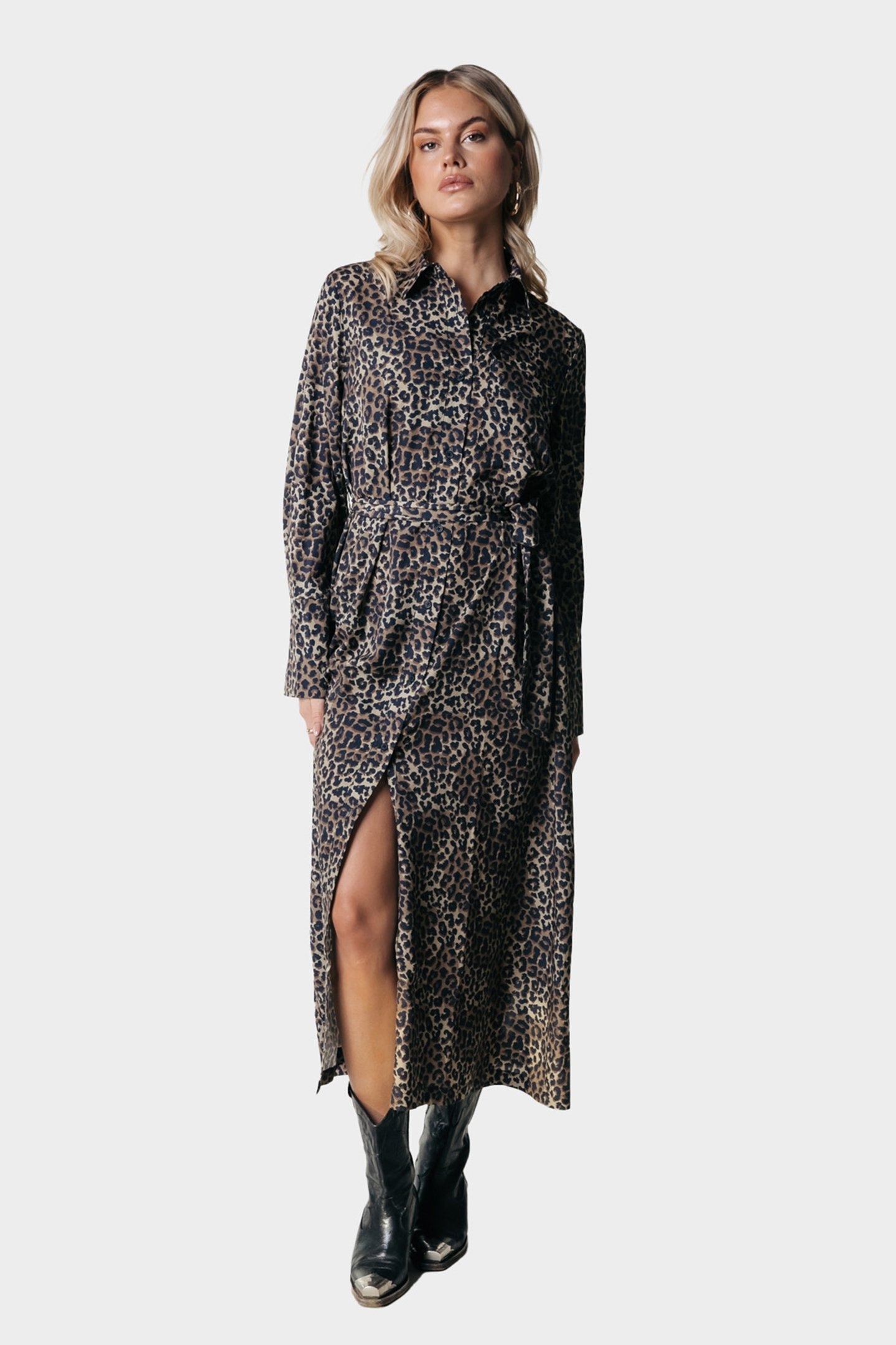 DESIREE LEOPARD MAXI SHIRT DRESS LS WARM BROWN 1