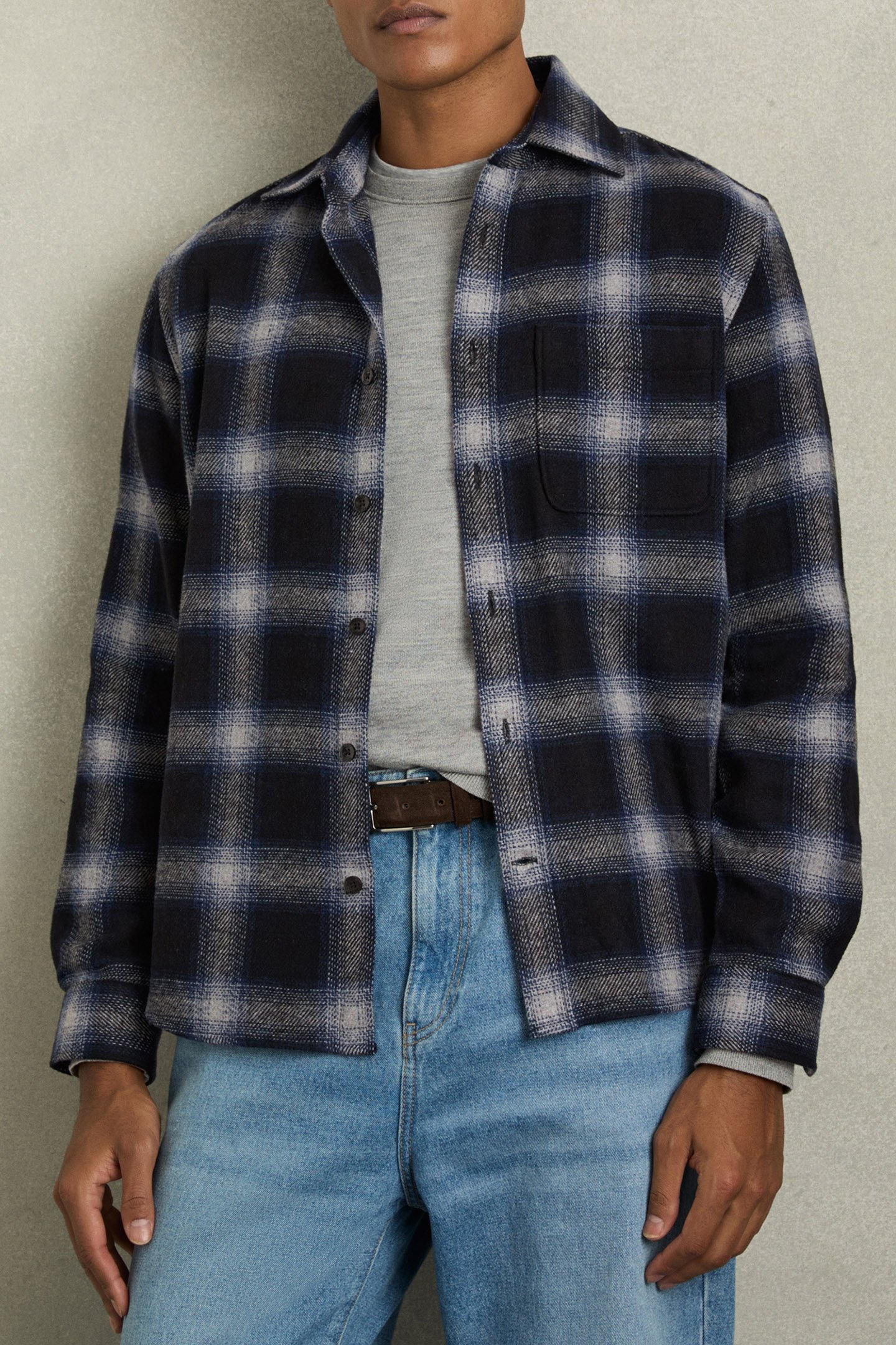 CROSBY LS WOOL CHECK PATCH POCKET OVERSHIRT NAVY MULTI 1